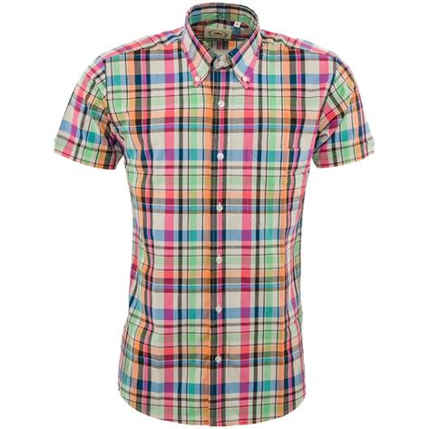 Relco Button Down Check Short Sleeve Shirt Pink and Green Thumbnail 1