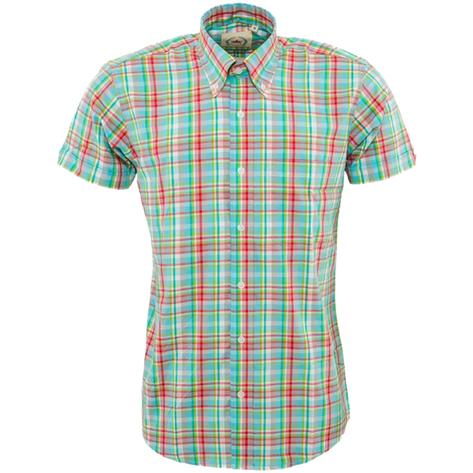 Relco Button Down Check Short Sleeve Shirt Turquoise and Red Thumbnail 1