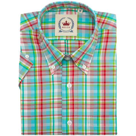 Relco Button Down Check Short Sleeve Shirt Turquoise and Red Thumbnail 2