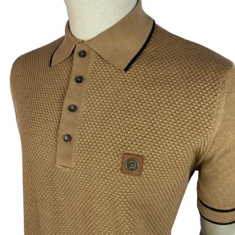 Trojan Fine Gauge Texture Knit Short Sleeve Polo Camel Thumbnail 2