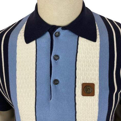 Trojan Records Texture Block Stripe Fine Knit Polo Navy Thumbnail 2