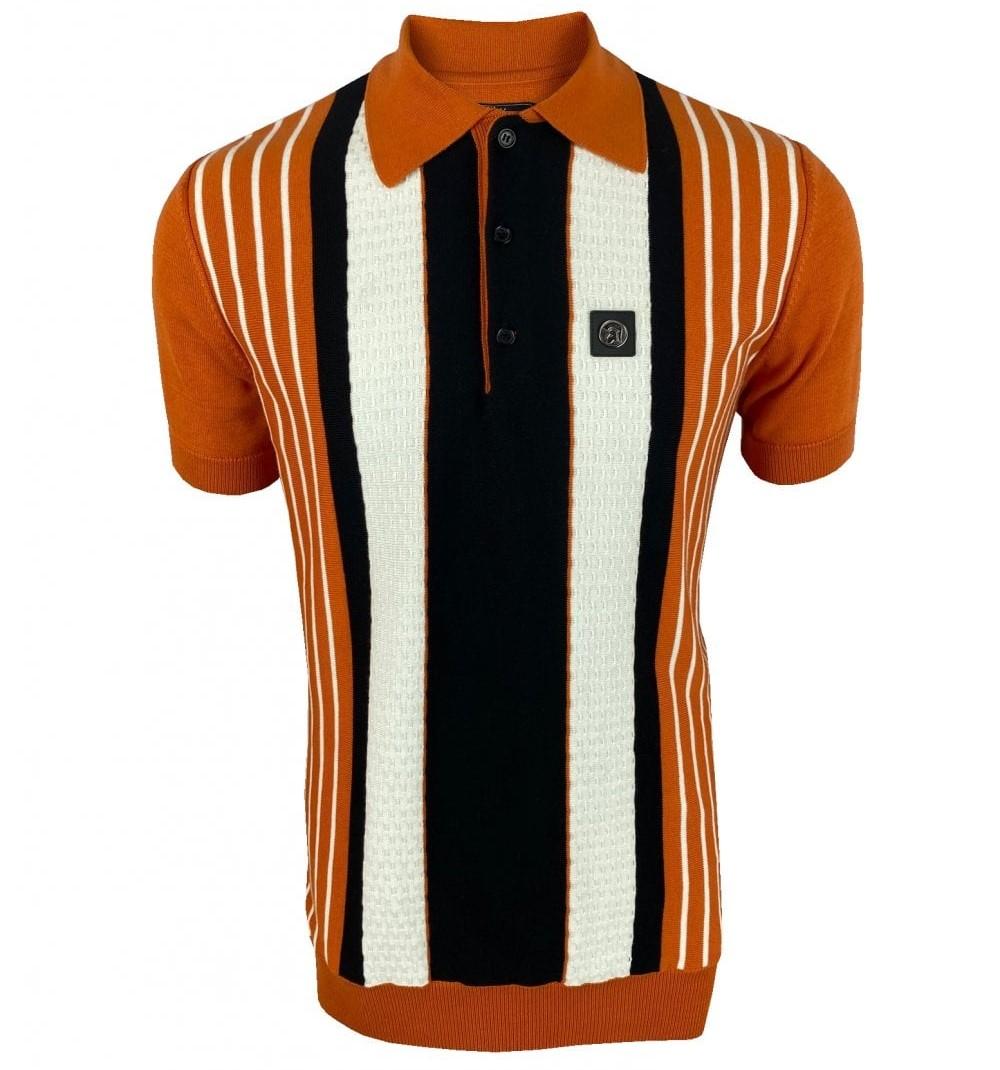 Trojan Records Texture Block Stripe Fine Knit Polo Orange