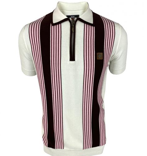 Trojan Records Multi Stripe Knit Zip Neck Polo Ecru