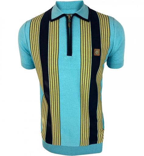 Trojan Records Multi Stripe Knit Zip Neck Polo Mint Thumbnail 1