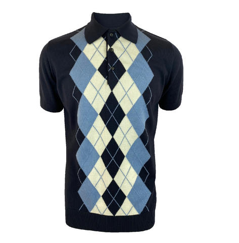 Trojan Records Argyle Diamond Fine Gauge Knit Polo Navy Thumbnail 1