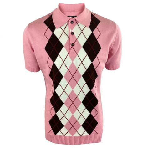 Trojan Records Argyle Diamond Fine Gauge Knit Polo Pink Thumbnail 1