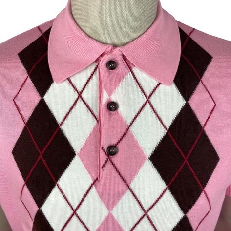 Trojan Records Argyle Diamond Fine Gauge Knit Polo Pink Thumbnail 2