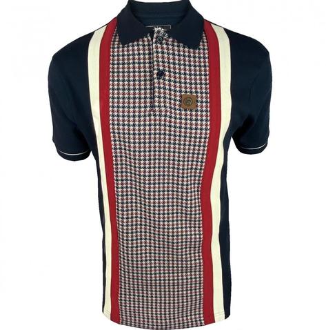 Trojan Records Houndstooth Panel Stripe Polo Navy Thumbnail 1