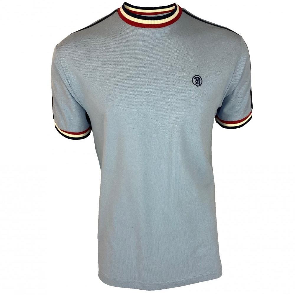 Trojan Records Twin Shoulder Stripe Pique T-Shirt Sky