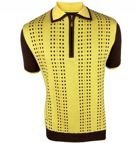 Ska & Soul Jacquard Panel Zip Neck Fine Gauge Polo Lemon