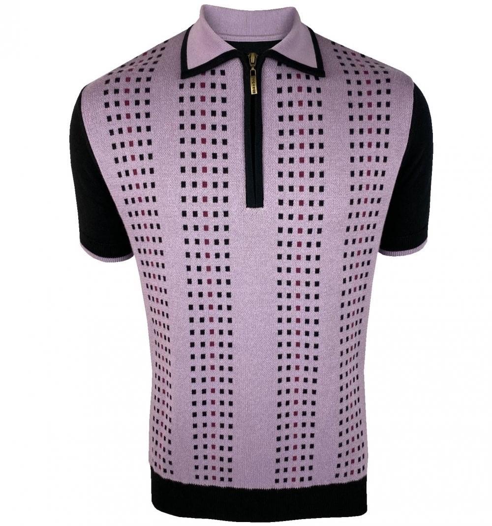 Ska & Soul Jacquard Panel Zip Neck Fine Gauge Polo Lilac