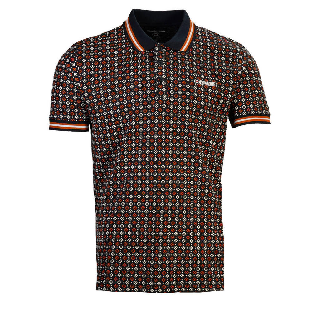 Lambretta Tipped Geometric Print Polo Shirt Navy