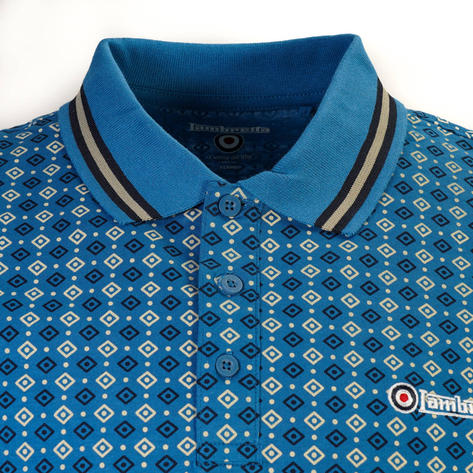 Lambretta Tipped Geometric Print Polo Shirt Blue Thumbnail 4