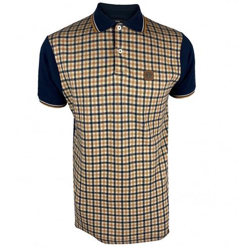 Trojan Records Gingham Check Panel Tipped Polo Navy Thumbnail 1