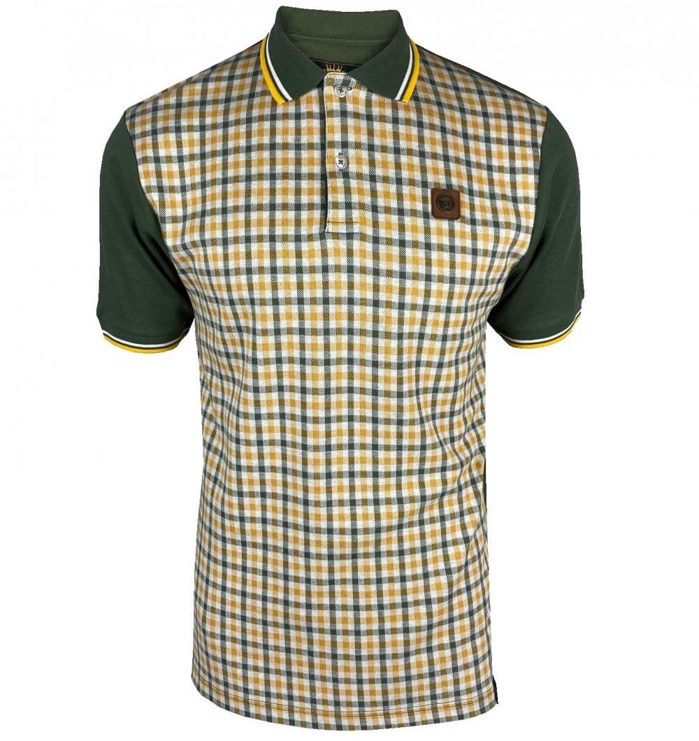 Trojan Records Gingham Check Panel Tipped Polo Olive