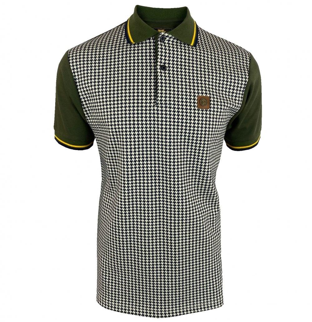 Trojan Records Dogtooth Panel Tipped Polo Shirt Olive