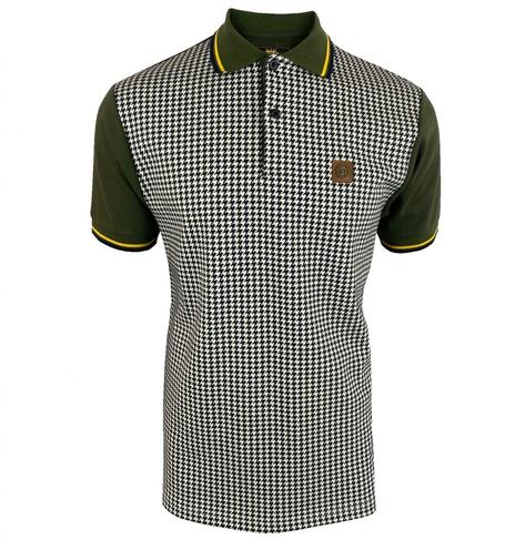 Trojan Records Dogtooth Panel Tipped Polo Shirt Olive Thumbnail 1