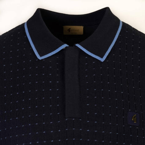 Gabicci Vintage Grid Knit Concealed Placket Polo Navy Blue Thumbnail 2