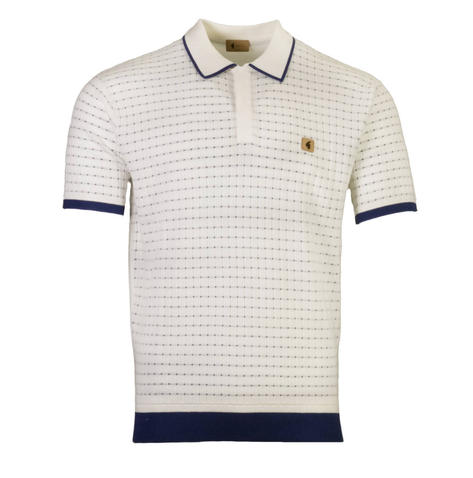 Gabicci Vintage Grid Knit Concealed Placket Polo White