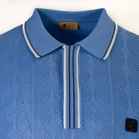 Gabicci Vintage Concealed Placket Pointelle Knit Polo Mid Blue Thumbnail 2