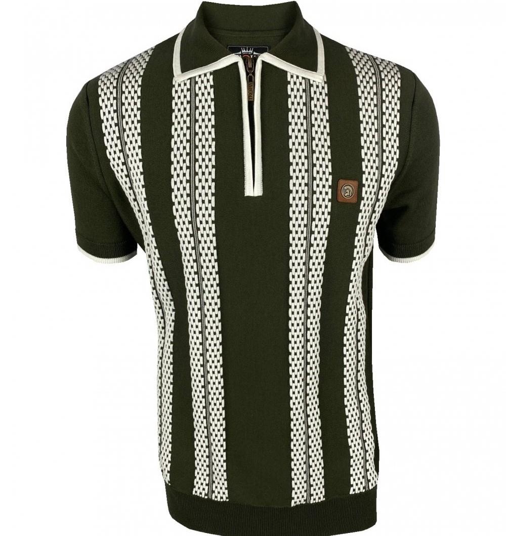 Trojan Records Bubble Knit Zip Neck Polo Dark Olive