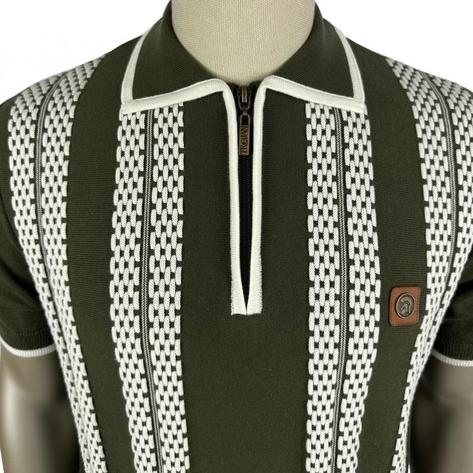 Trojan Records Bubble Knit Zip Neck Polo Dark Olive Thumbnail 2
