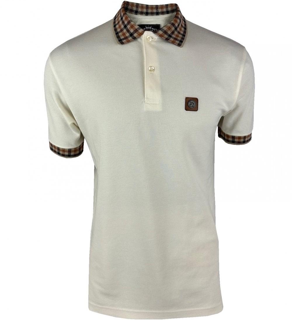Trojan Records Jacquard Gingham Trim Pique Polo Ecru