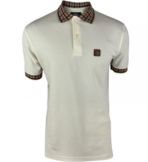 Trojan Records Jacquard Gingham Trim Pique Polo Ecru Thumbnail 1