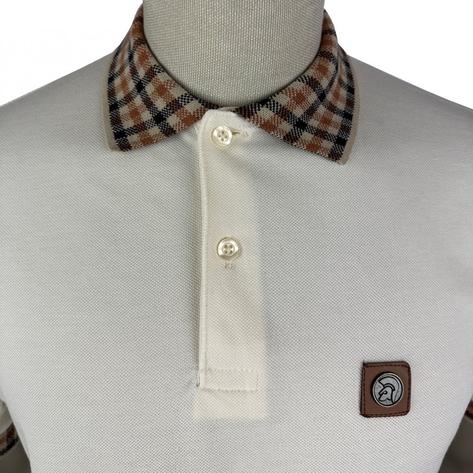 Trojan Records Jacquard Gingham Trim Pique Polo Ecru Thumbnail 2