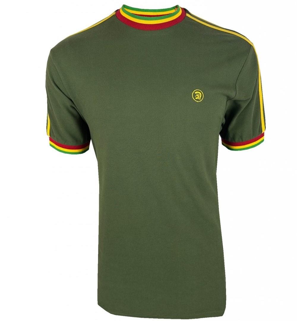 Trojan Records Twin Shoulder Stripe Pique T-Shirt Olive Green