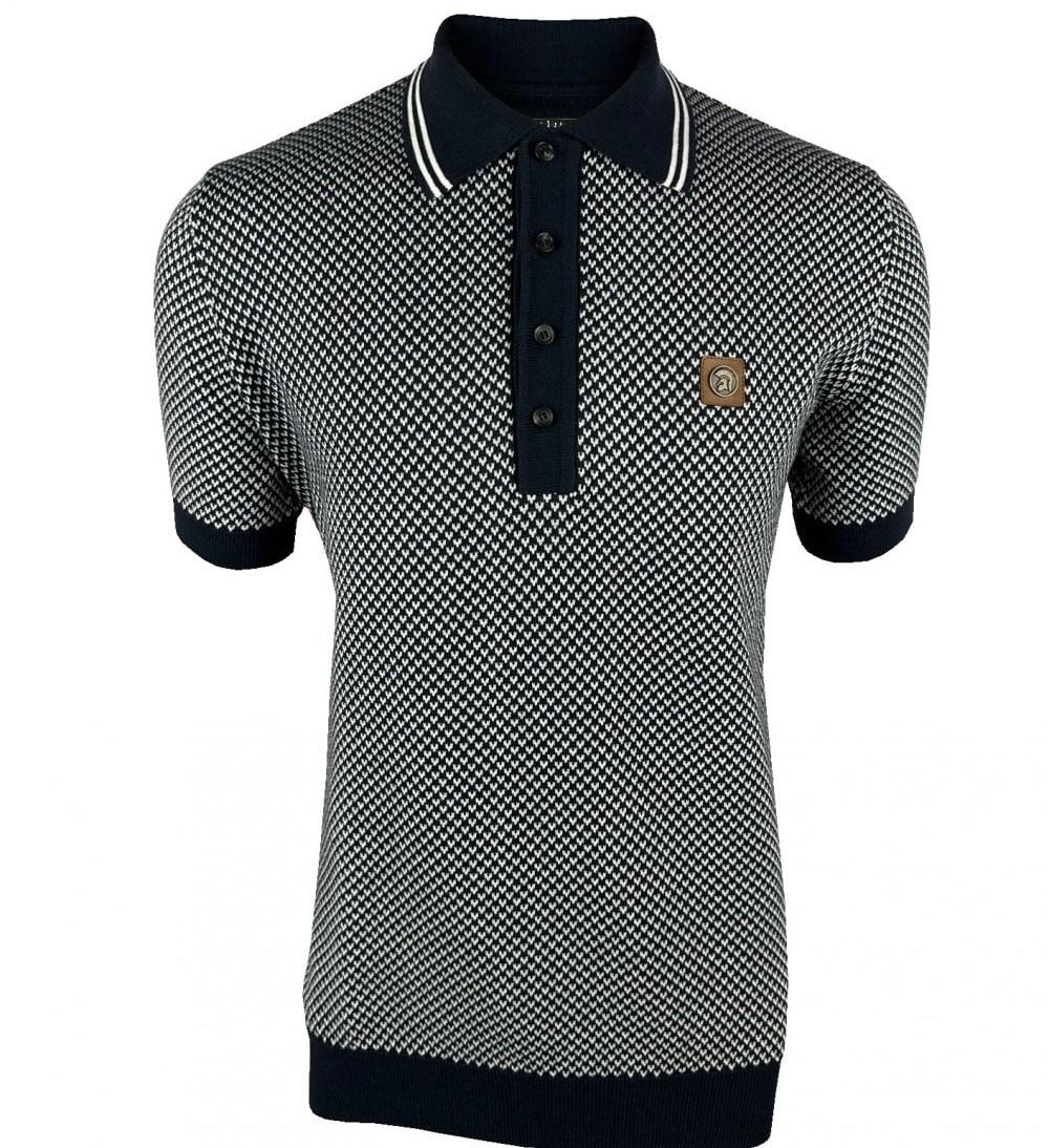 Trojan Records Small Vee Design Knit Polo Navy