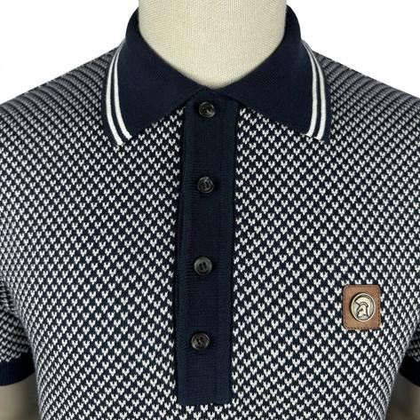 Trojan Records Small Vee Design Knit Polo Navy Thumbnail 2