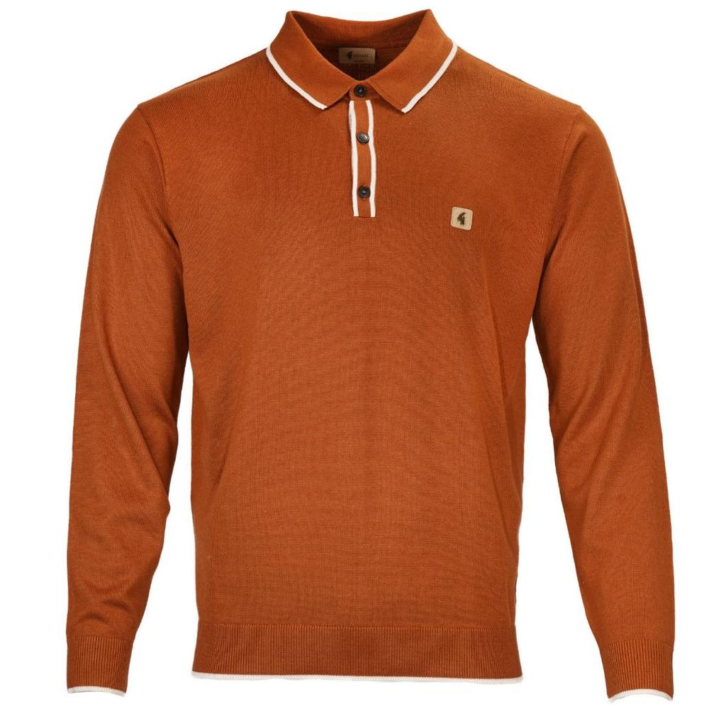 Gabicci Long Sleeve Tipped Fine Gauge Knit Polo Toffee