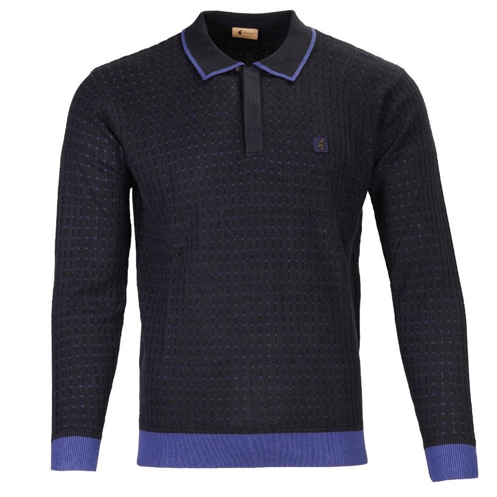 Gabicci Vintage Concealed Placket Grid Knit Polo Navy Blue