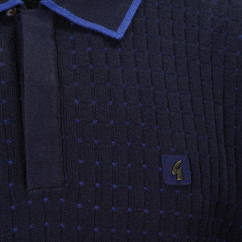 Gabicci Vintage Concealed Placket Grid Knit Polo Navy Blue Thumbnail 3