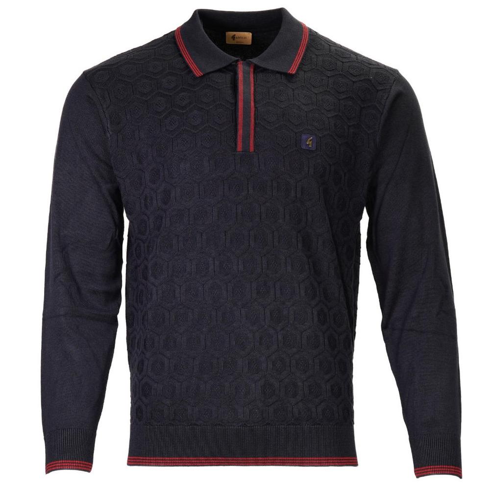 Gabicci Vintage Concealed Placket Hexagon Knit Polo Navy Blue