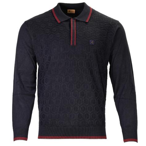 Gabicci Vintage Concealed Placket Hexagon Knit Polo Navy Blue Thumbnail 1