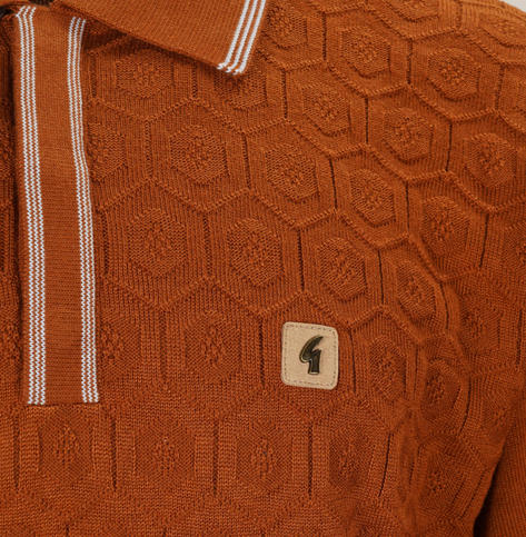 Gabicci Vintage Concealed Placket Hexagon Knit Polo Toffee Thumbnail 3