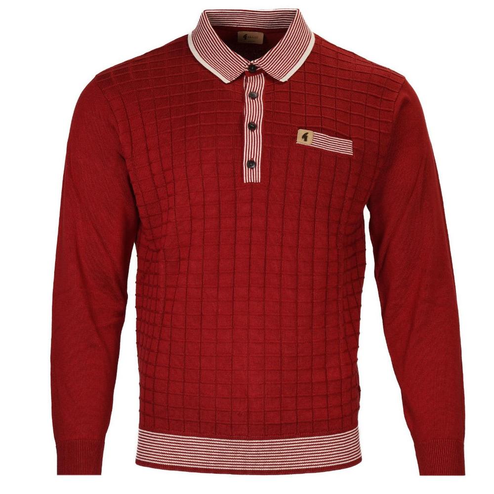 Gabicci Vintage Stripe Trim Grid Knit Polo Deep Red