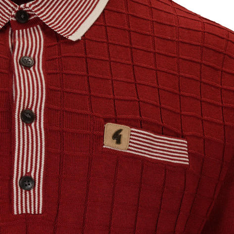 Gabicci Vintage Stripe Trim Grid Knit Polo Deep Red Thumbnail 3