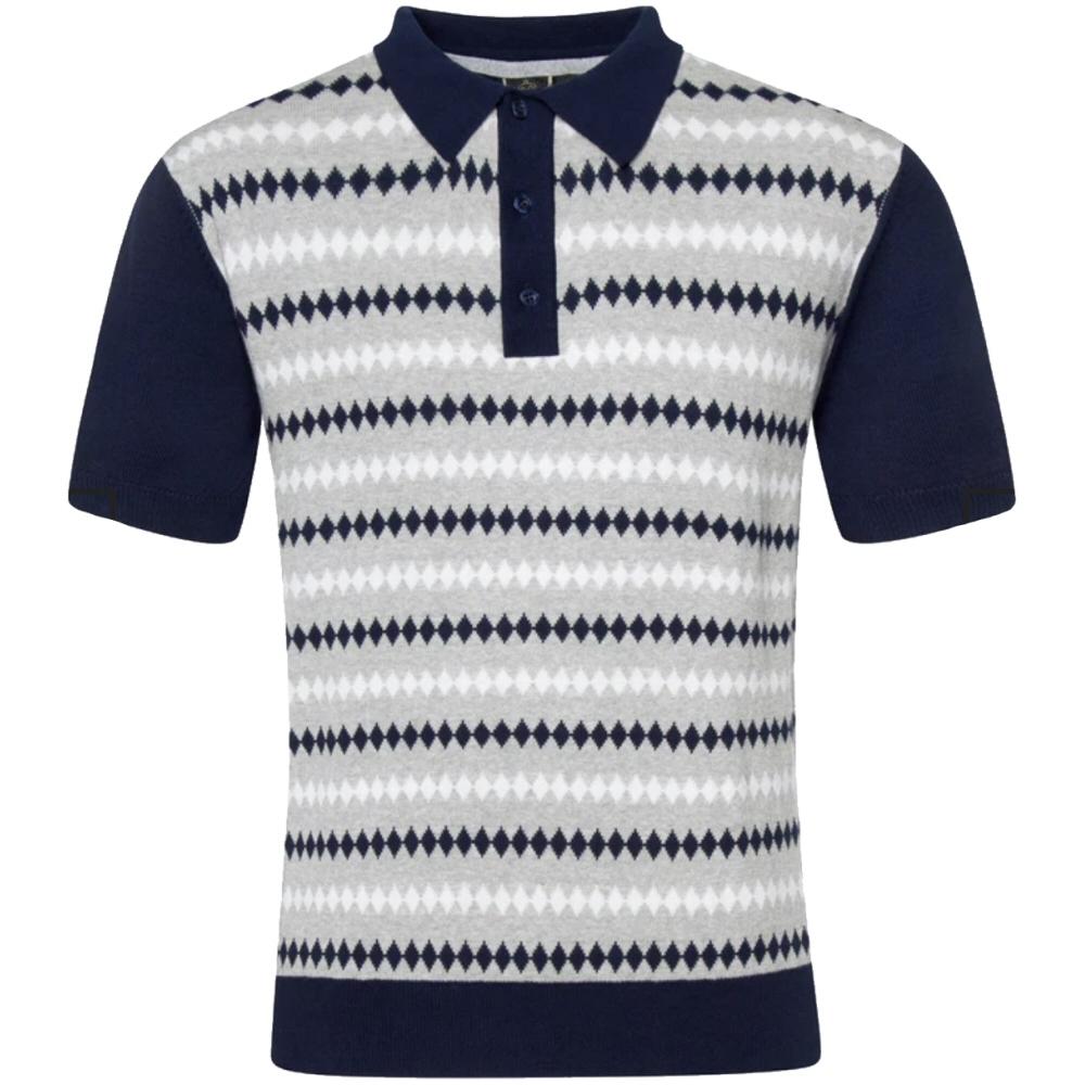 Merc London Retro Diamond Stripe Knit Polo Navy