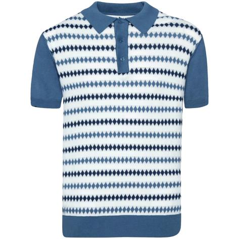 Merc London Retro Diamond Stripe Knit Polo Blue Thumbnail 1