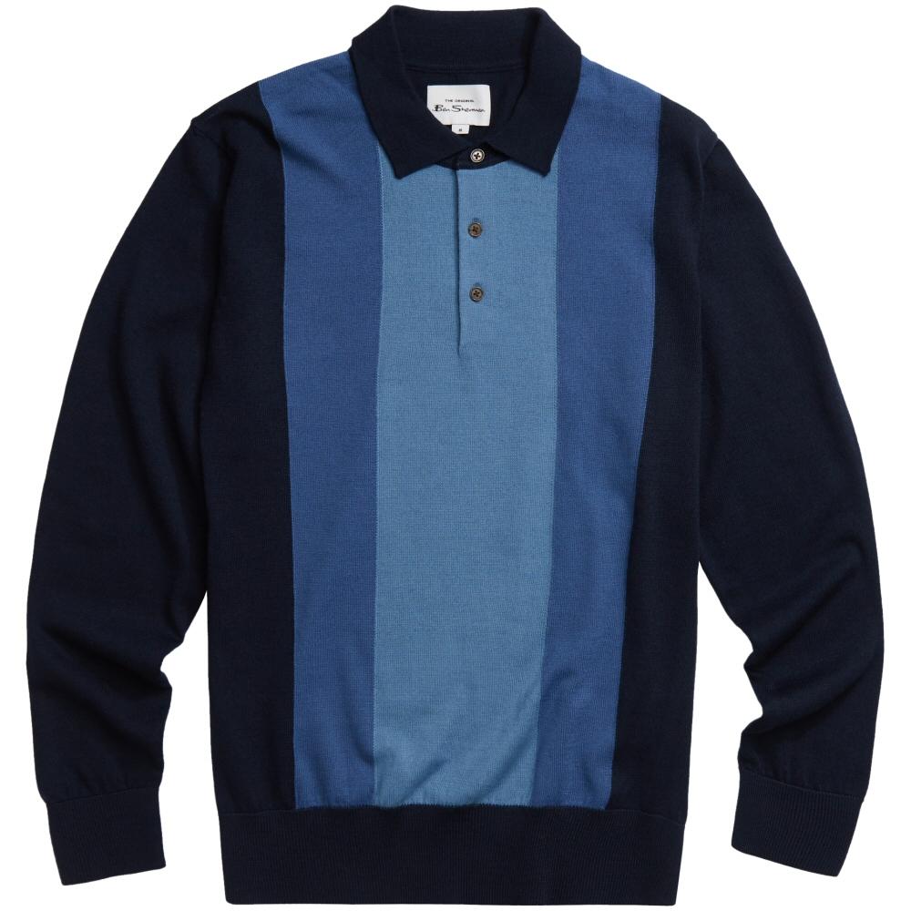 Ben Sherman Long Sleeve Bold Stripe Knit Polo Blue