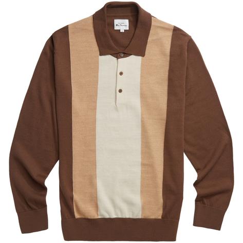 Ben Sherman Long Sleeve Bold Stripe Knit Polo Brown