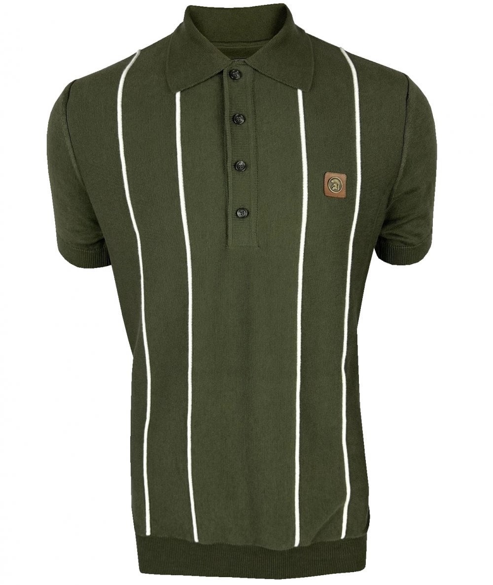 Trojan Records Fine Gauge Knit Raised Stripe Polo Olive Green - Picture 2 of 2