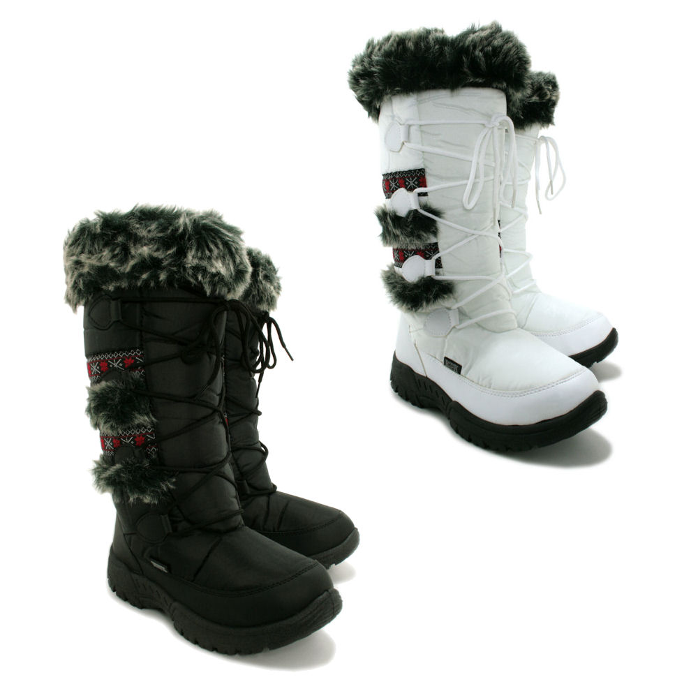 LADIES WATERPROOF ARCTIC WINTER SNOW CALF FLAT RAIN BOOTS FAUX FUR ...