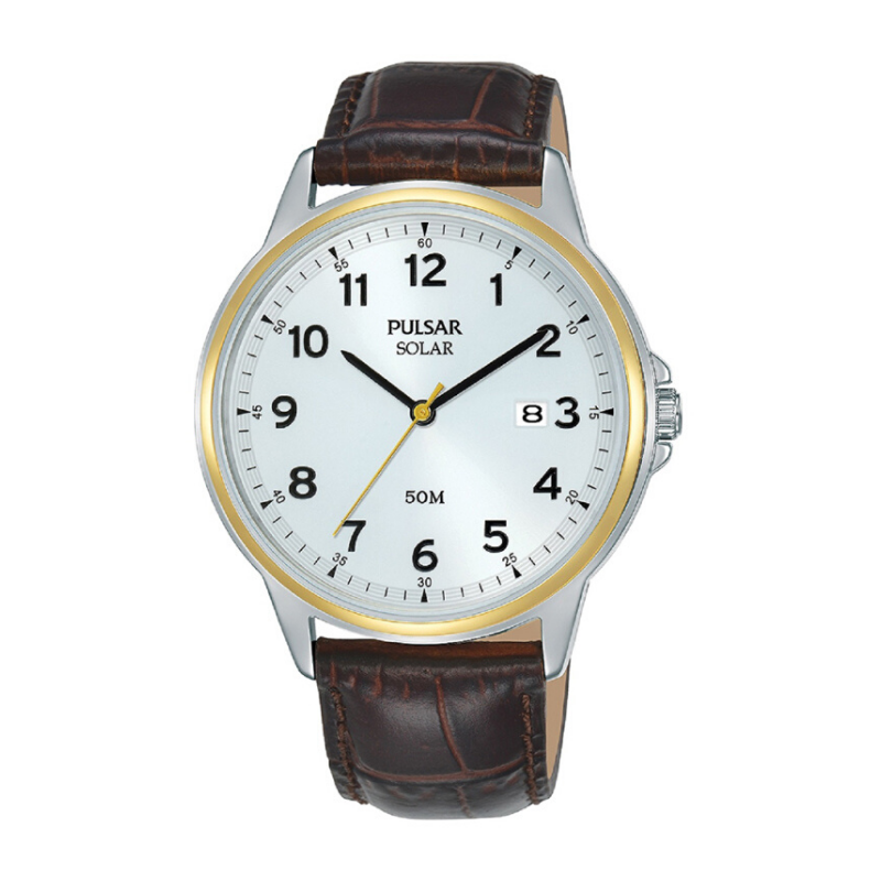 PULSAR MENS CLASSIC SOLAR 50M WATER RESISTANT WATCH BROWN LEATHER