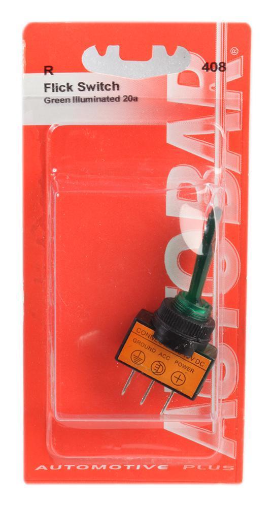 Interruttore a levetta, montaggio a pannello, on/off, a scatto, 12 V CC, 20 A, illuminato verde 408