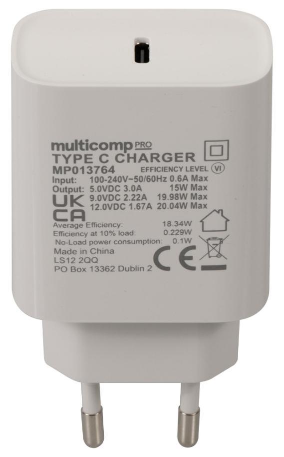 Euro USB C PD Mains Charger, 1x USB C, 20W, blanc - MP013764