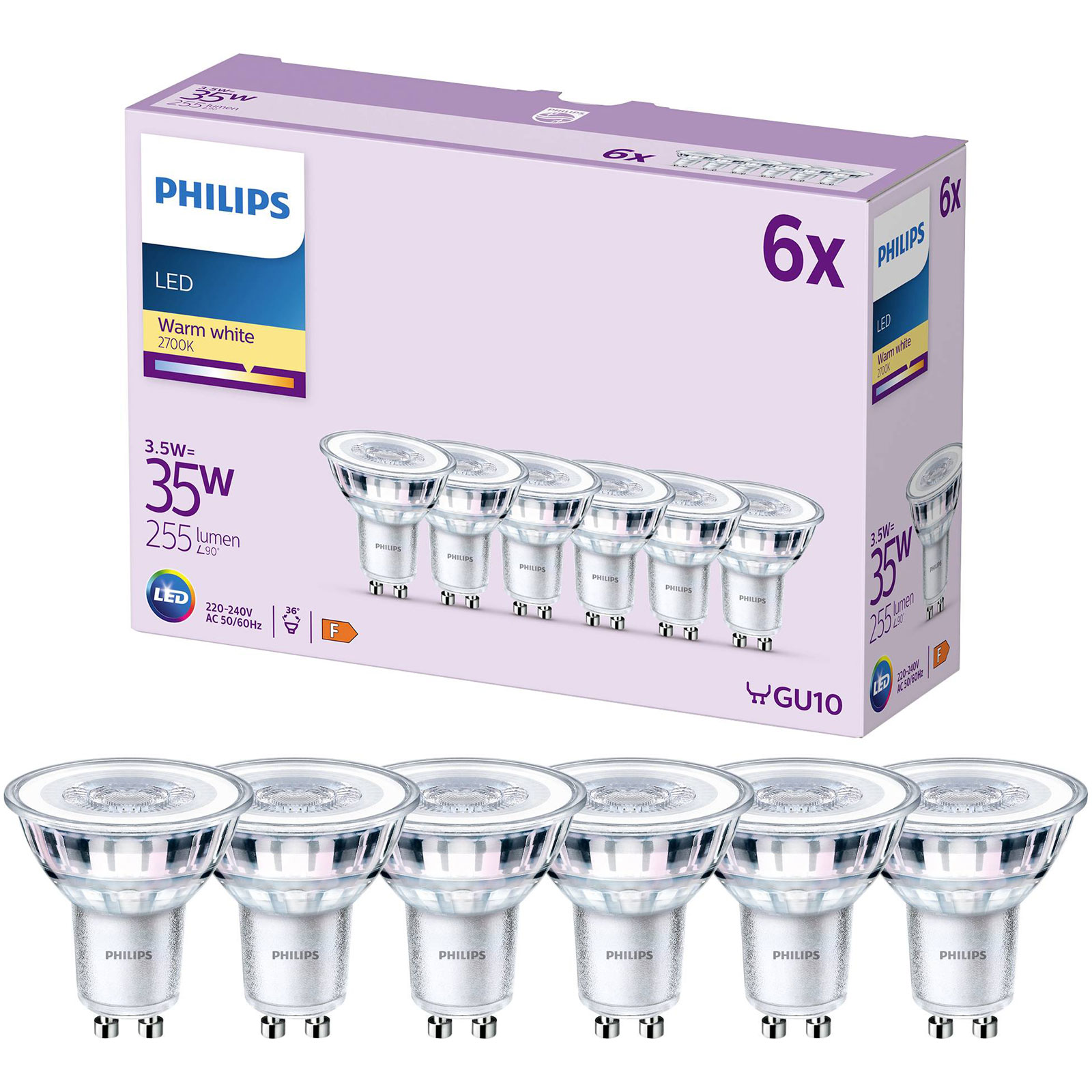 Philips 9290012178 Ampoule à réflecteur LED GU10 3,5 W Blanc chaud, paquet de 6